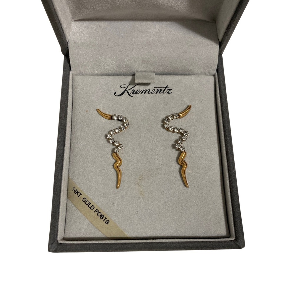 Krementz Gold Tone Rhinestone Earrings Dangle Drop Cocktail Wavy 14k Gold Post